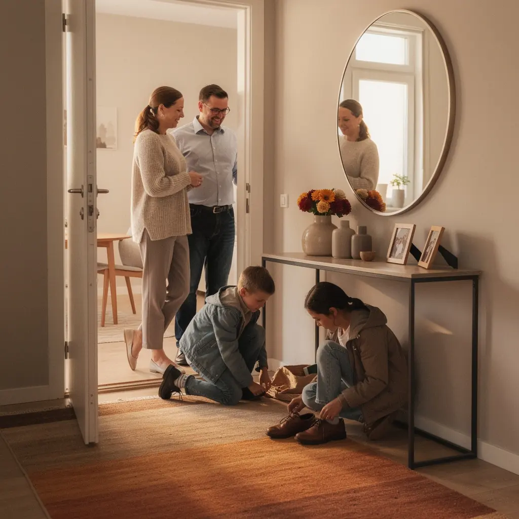 Soe ja kutsuv elutuba, kus on mugavad diivanid ja puidust detailid.